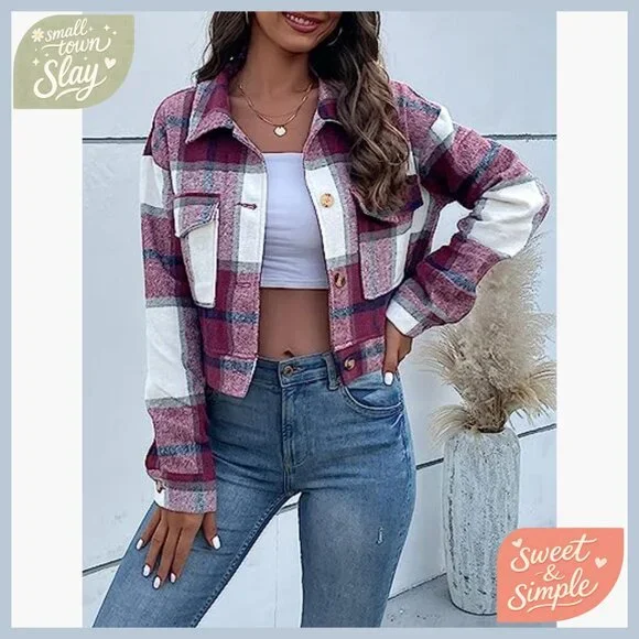 Flannel Cropped Plaid Shacket Jacket Button Down Long Sleeve Top - Picture 4 of 7